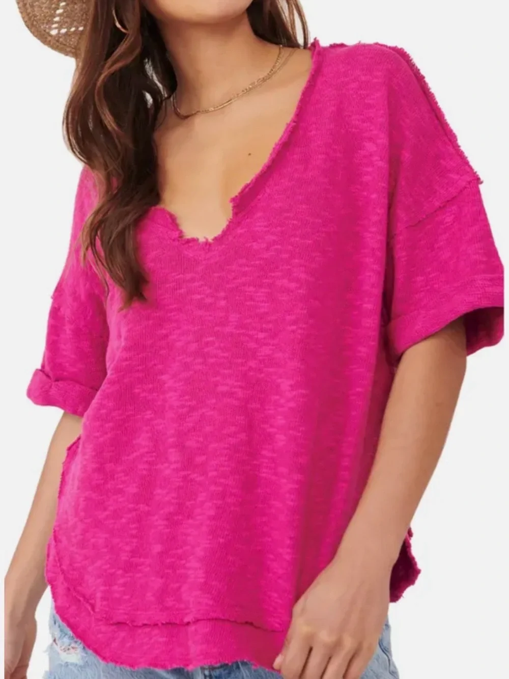 Free People Distressed Hot Pink Tee